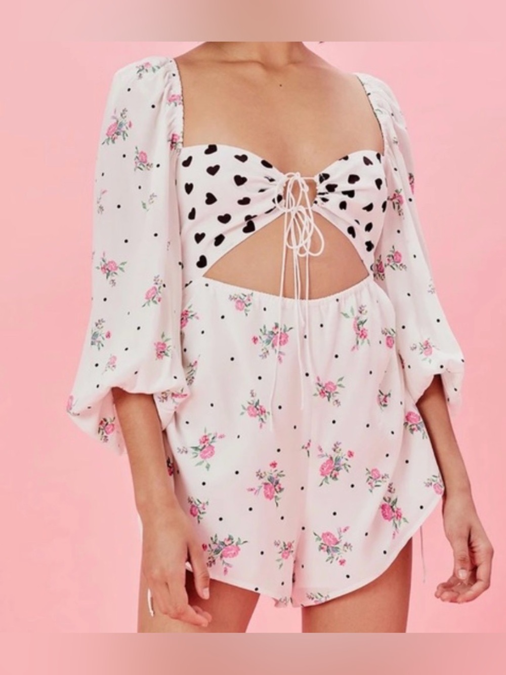 For Love And Lemons Dolly Romper Puff Sleeve Cut Out Side Tie Front Tie S Small